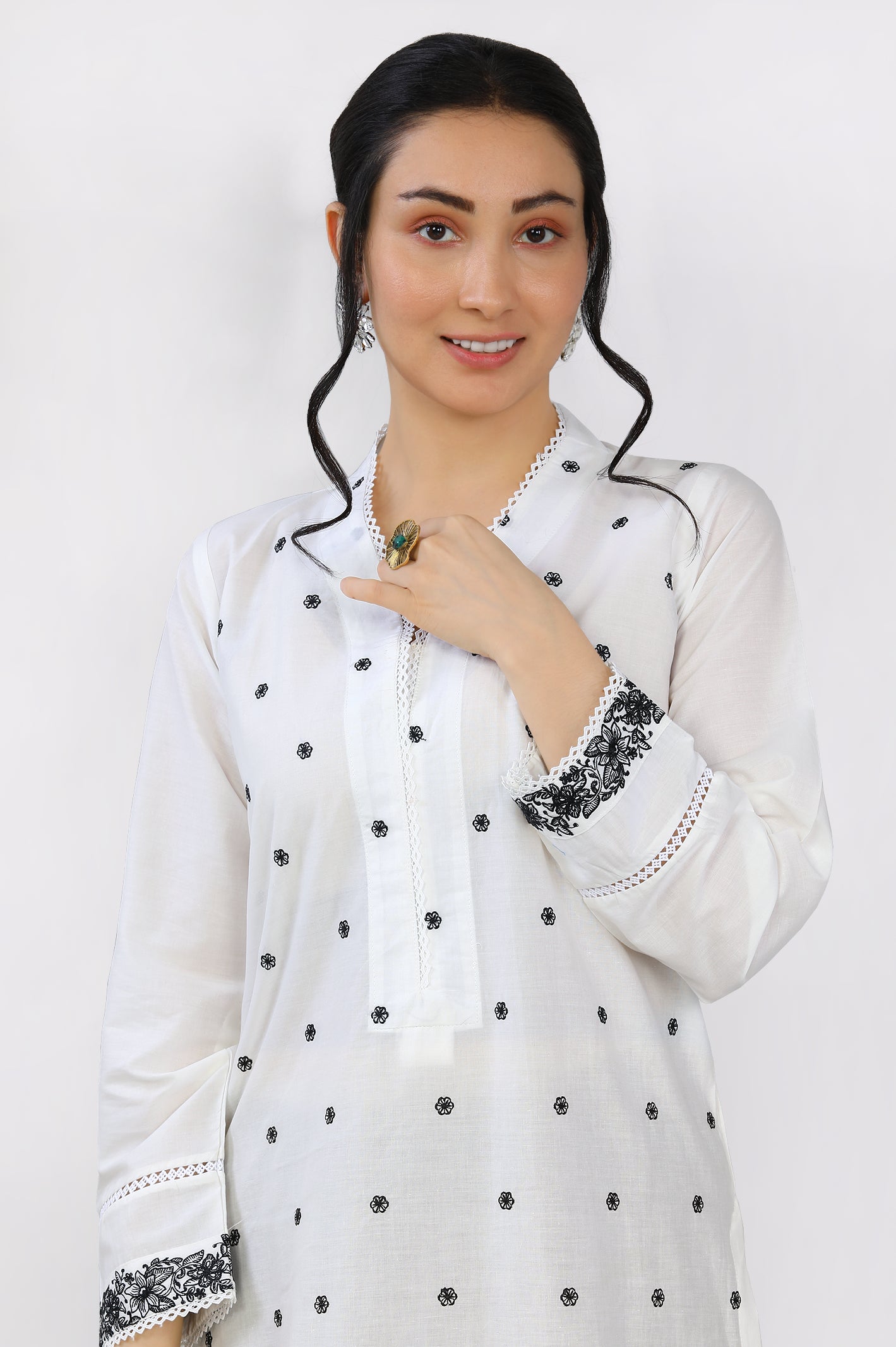 White Dyed Embroidered Kurti From Diners