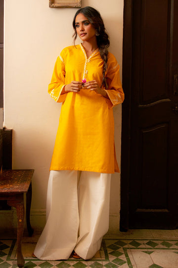 Embroidered Cotton Jacquard-Yellow Kurti