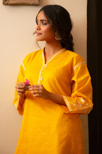 Embroidered Cotton Jacquard-Yellow Kurti