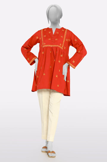 Red Embroidered Fusion Kurti From Sohaye By Diners