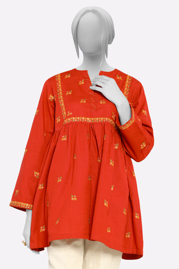 Red Embroidered Fusion Kurti From Sohaye By Diners