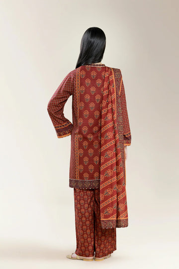 Basic Printed Staple Viscose-Maroon 3PC