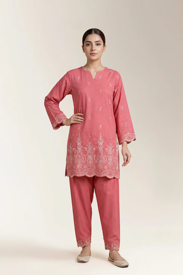 Embroidered Khaddar-Coral 2PC