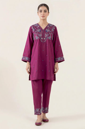 Embroidered Cottel-Magenta 2PC