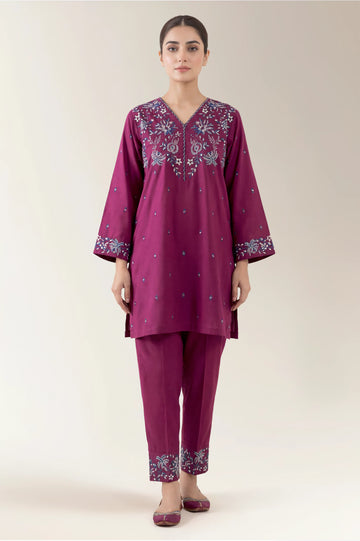 Embroidered Cottel-Magenta 2PC