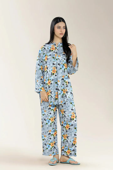 Basic Printed Viscose Linen-Grey 2PC