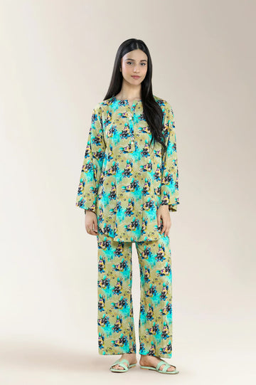 Basic Printed Viscose Linen-Olive Green 2PC