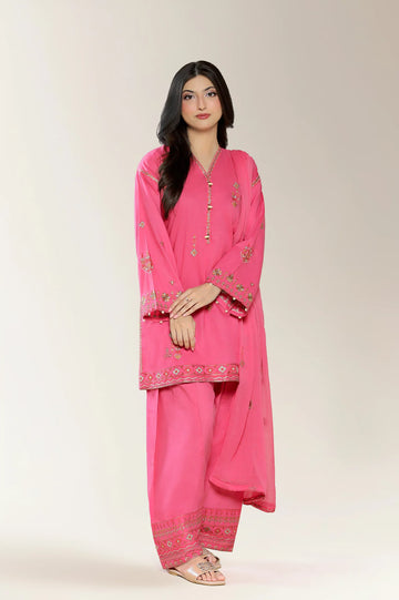 Embroidered Cambric-Fushia 3PC