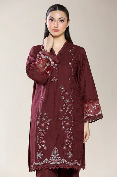 Embroidered Self Jacquard-Maroon 2PC