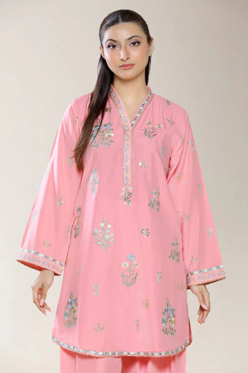 Embroidered Stapple Cotton-Pink 2PC