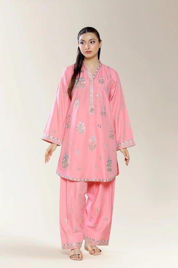 Embroidered Stapple Cotton-Pink 2PC