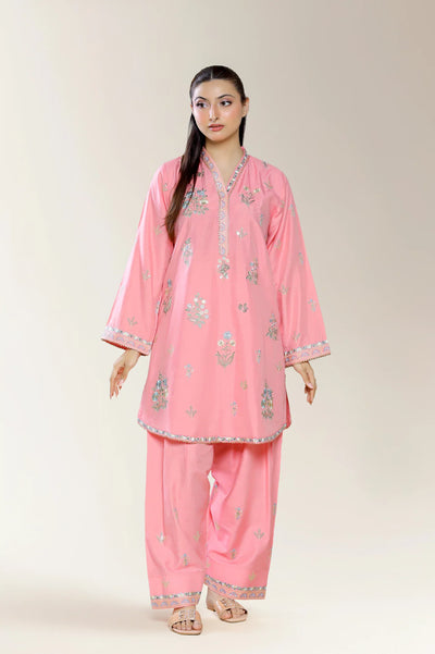 Embroidered Stapple Cotton-Pink 2PC