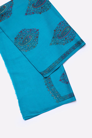 Woolen Teal Embroidered Shawl