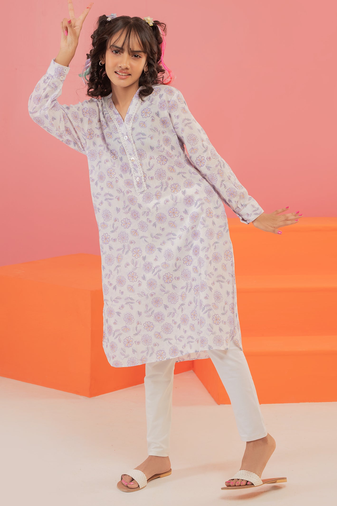 Lilac Printed Teens Kurti From Diners