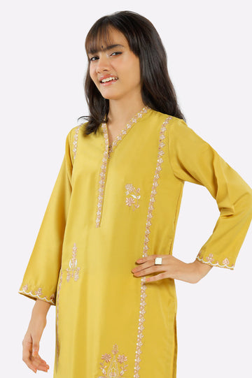 Mustard Embroidered Teens Kurti