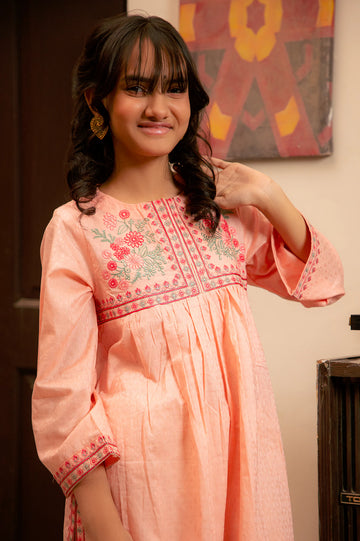 Peach Embroidered Teens Kurti