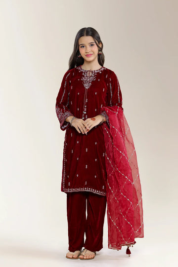 Embroidered Velvet Maroon Teens 3PC
