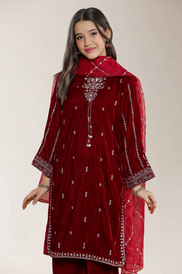 Embroidered Velvet Maroon Teens 3PC