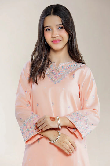 Embroidered Cambric Peach Teens 2PC