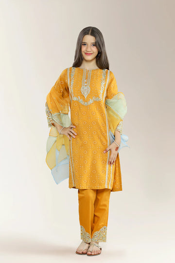 Embroidered Jacquard Mustard Teens 3PC