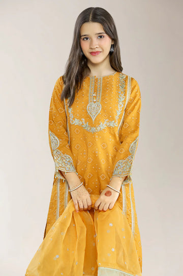 Embroidered Jacquard Mustard Teens 3PC