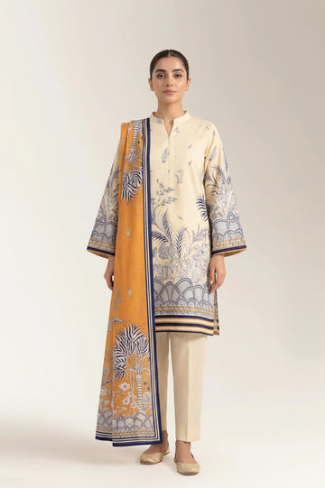 Printed Lawn-Beige Unstitched 3PC