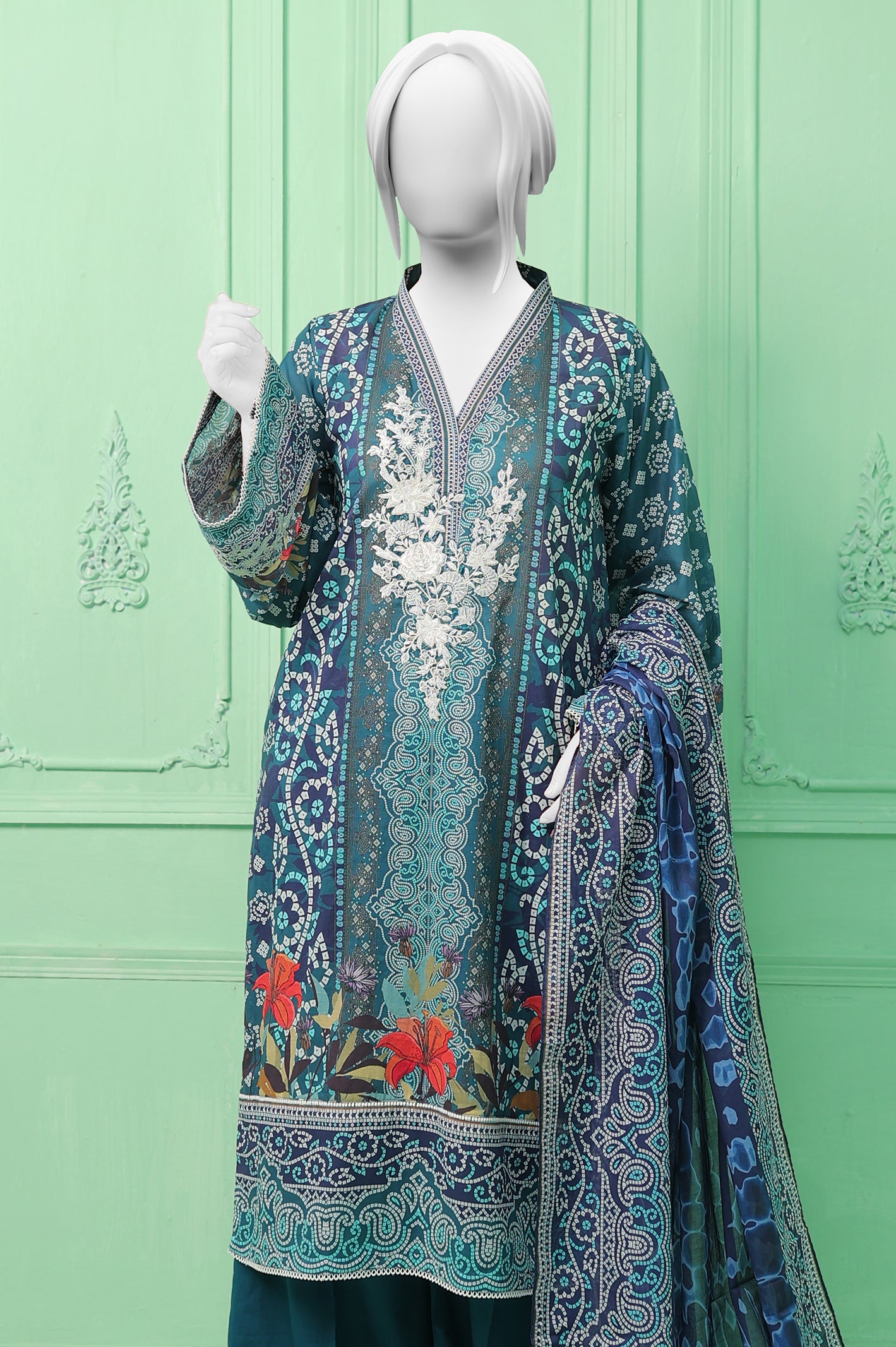 3PC Unstitched Embroidered Printed Suit From Diners