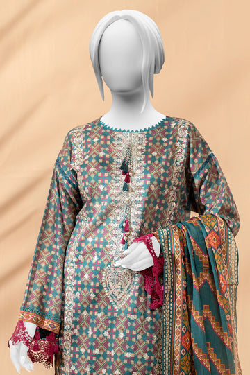 Green Embroidered Printed 3PC Unstitched