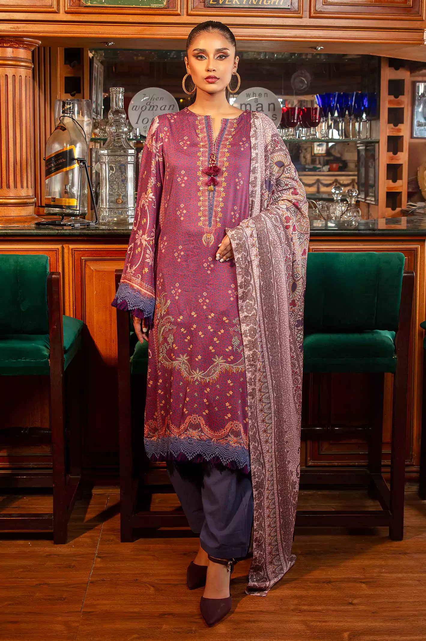 Purple Viscose Digital Printed 3PC Unstitched Suit From Diners