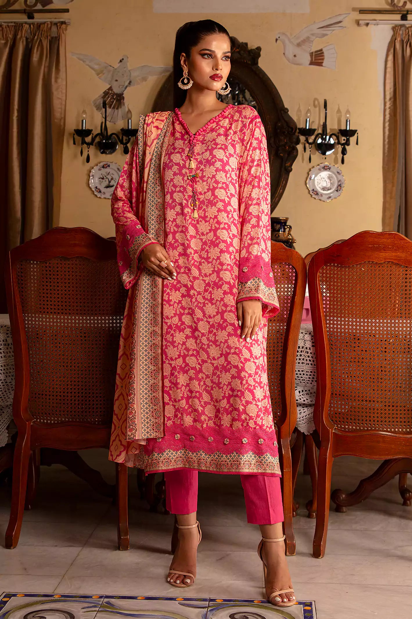 Pink Viscose Digital Printed 3PC Unstitched Suit From Diners