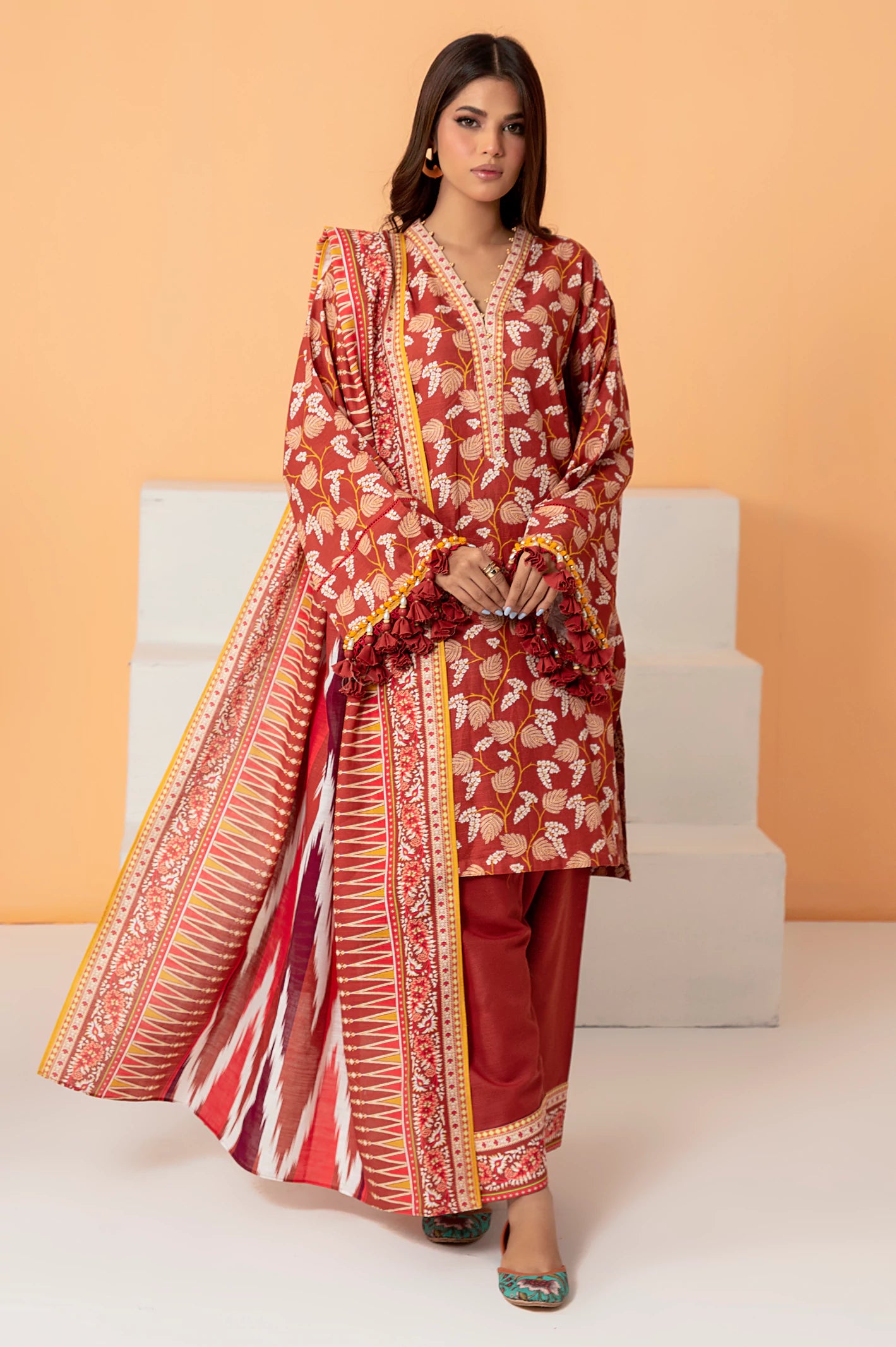 Rust Khaddar Printed 3PC Unstitched Suit From Diners