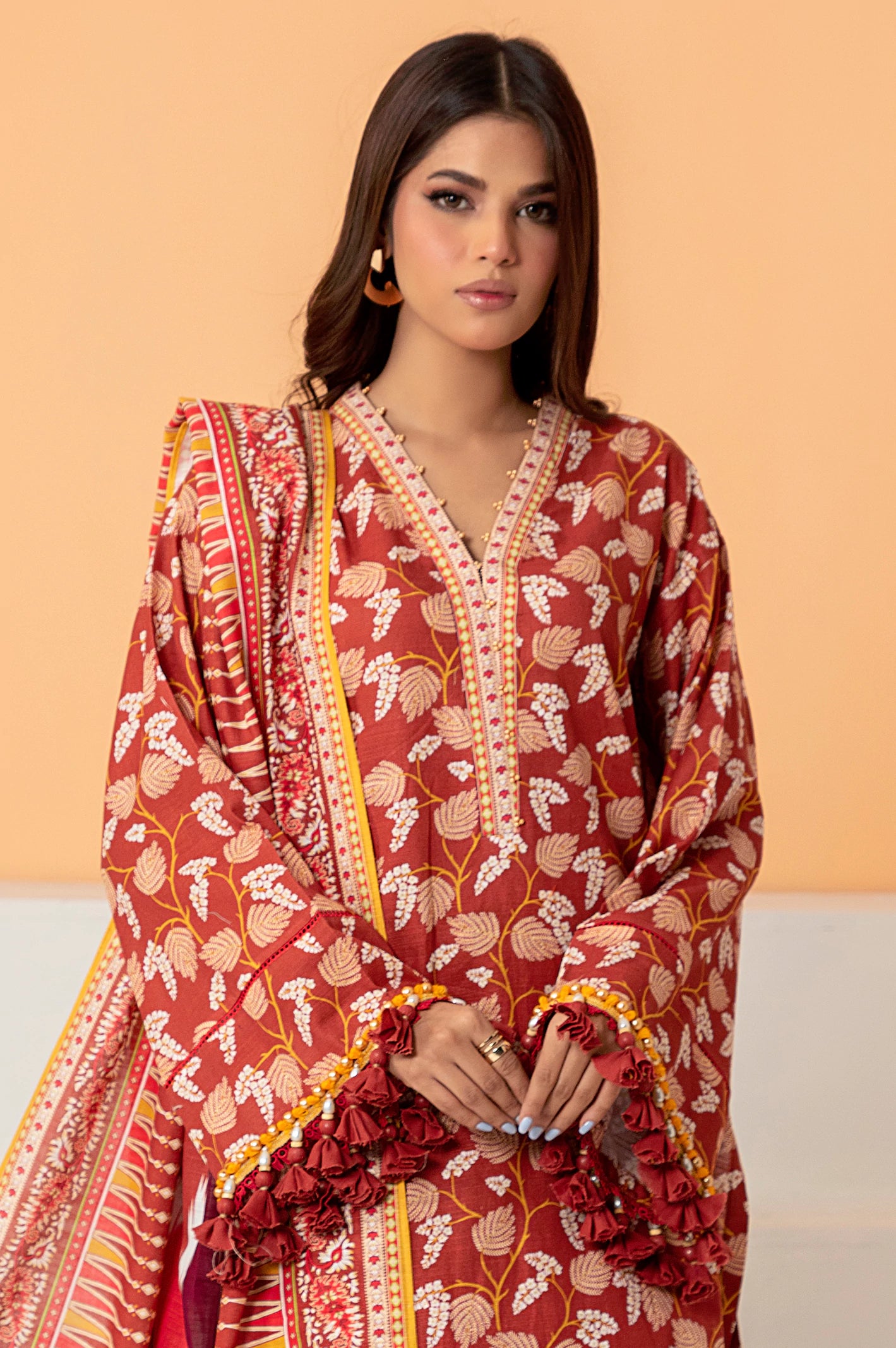 Rust Khaddar Printed 3PC Unstitched Suit From Diners