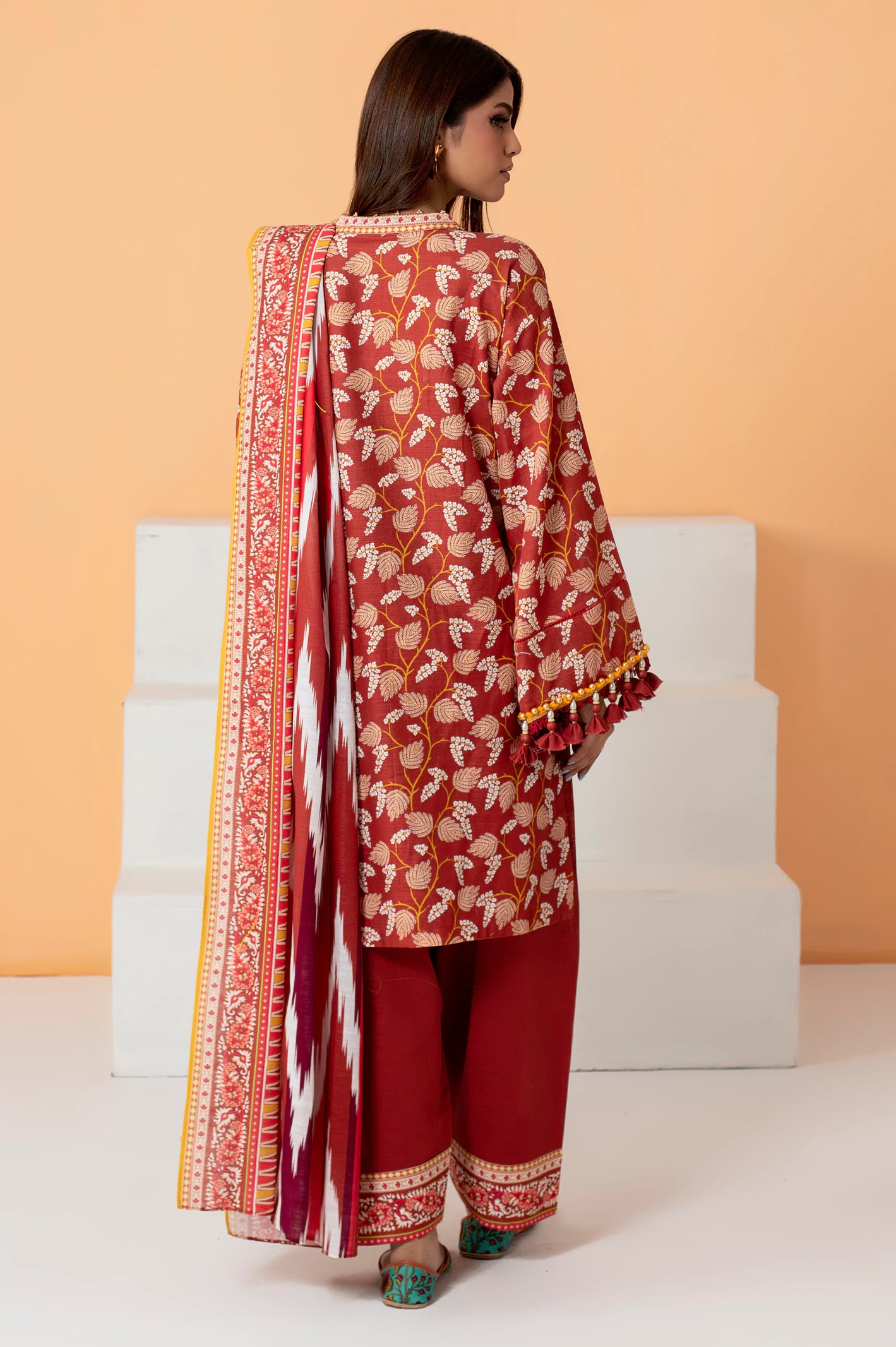 Rust Khaddar Printed 3PC Unstitched Suit From Diners