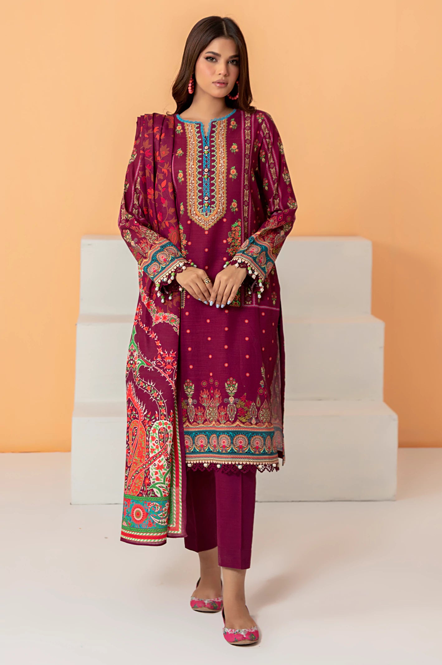 Maroon Khaddar Printed 3PC Unstitched Suit From Diners