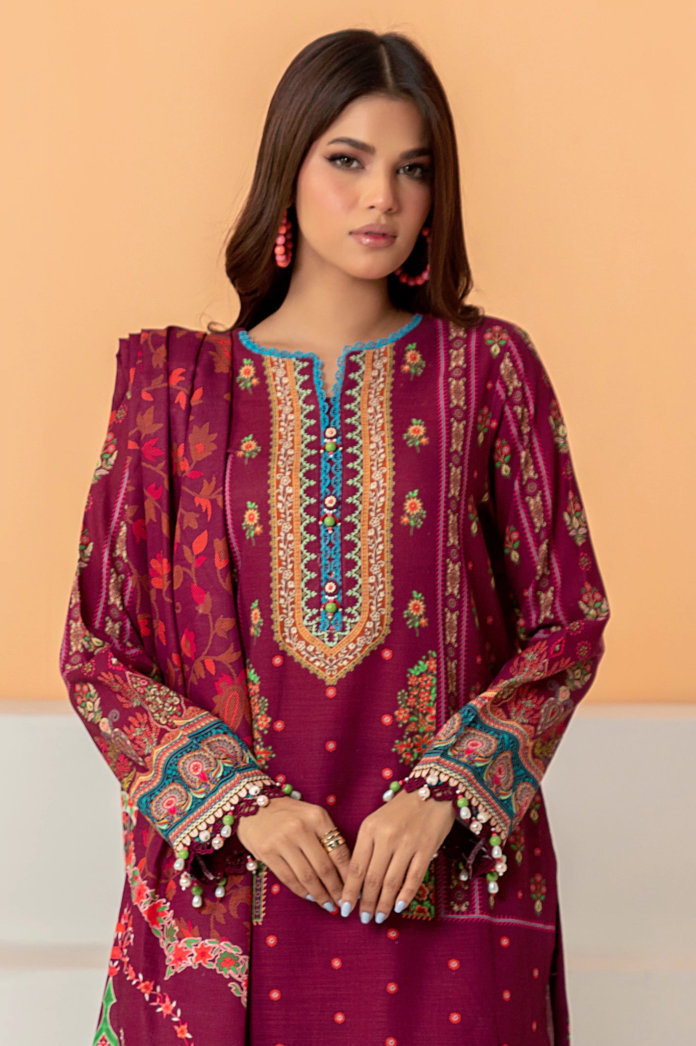 Maroon Khaddar Printed 3PC Unstitched Suit From Diners