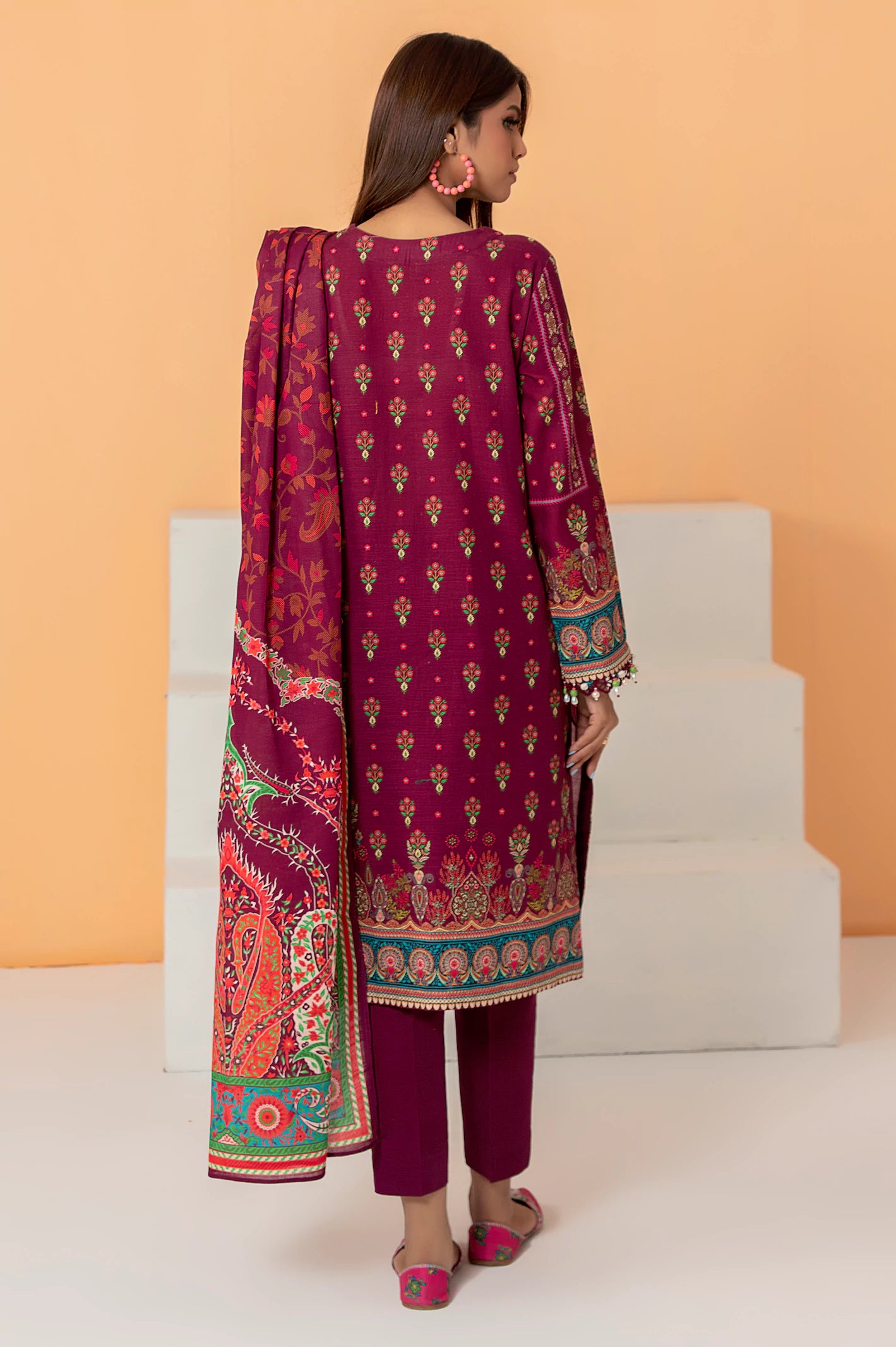 Maroon Khaddar Printed 3PC Unstitched Suit From Diners