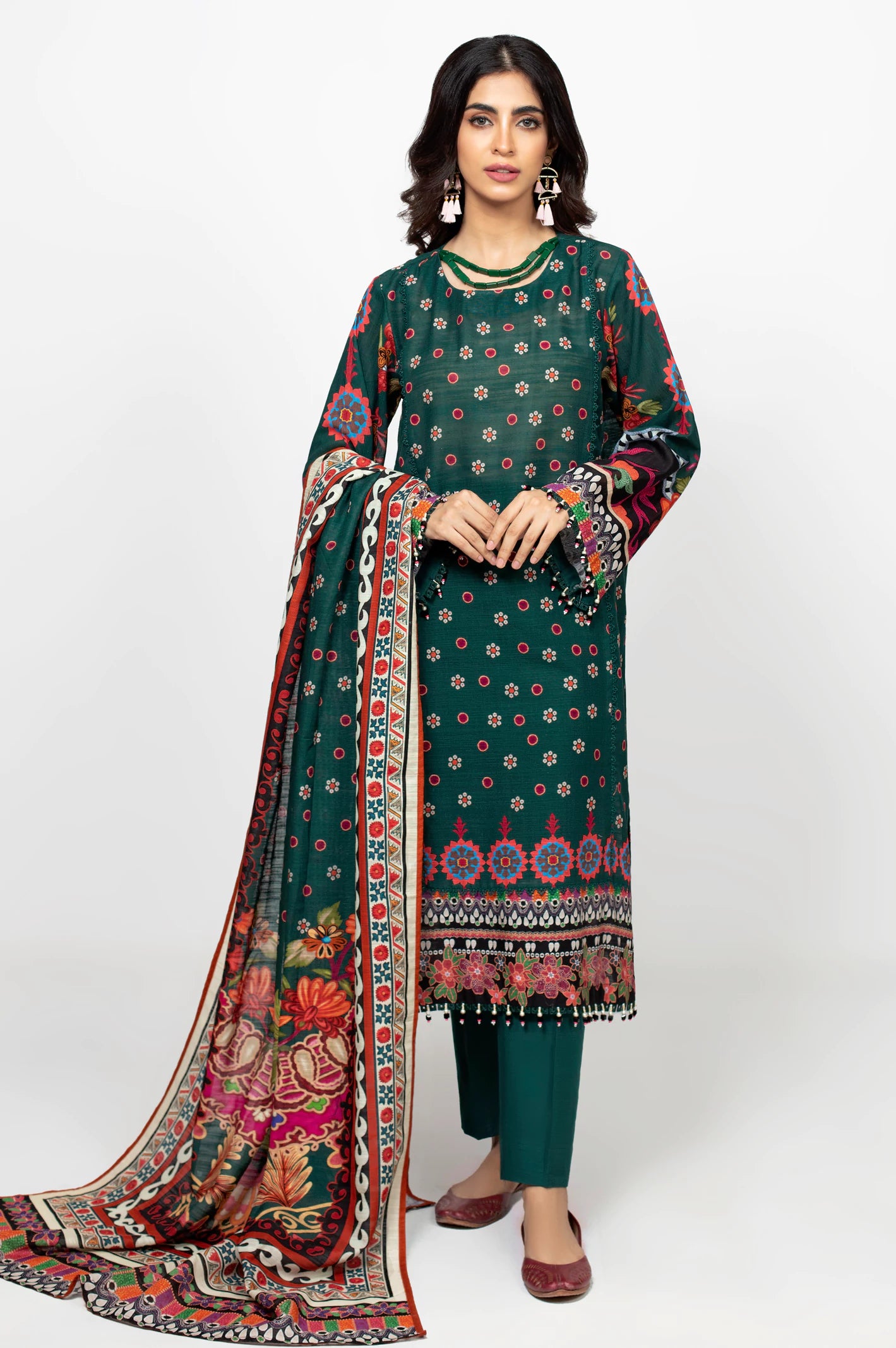 Green Khaddar Printed 3PC Unstitched Suit From Diners