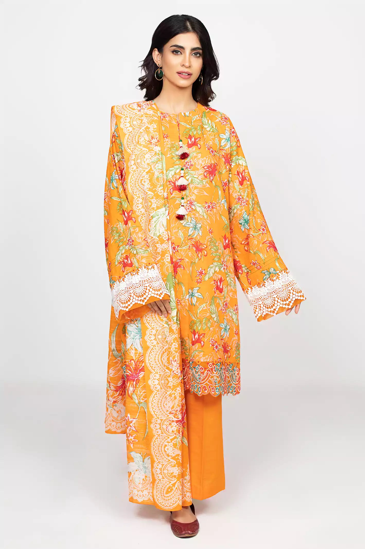 Orange Khaddar Printed 3PC Unstitched Suit From Diners