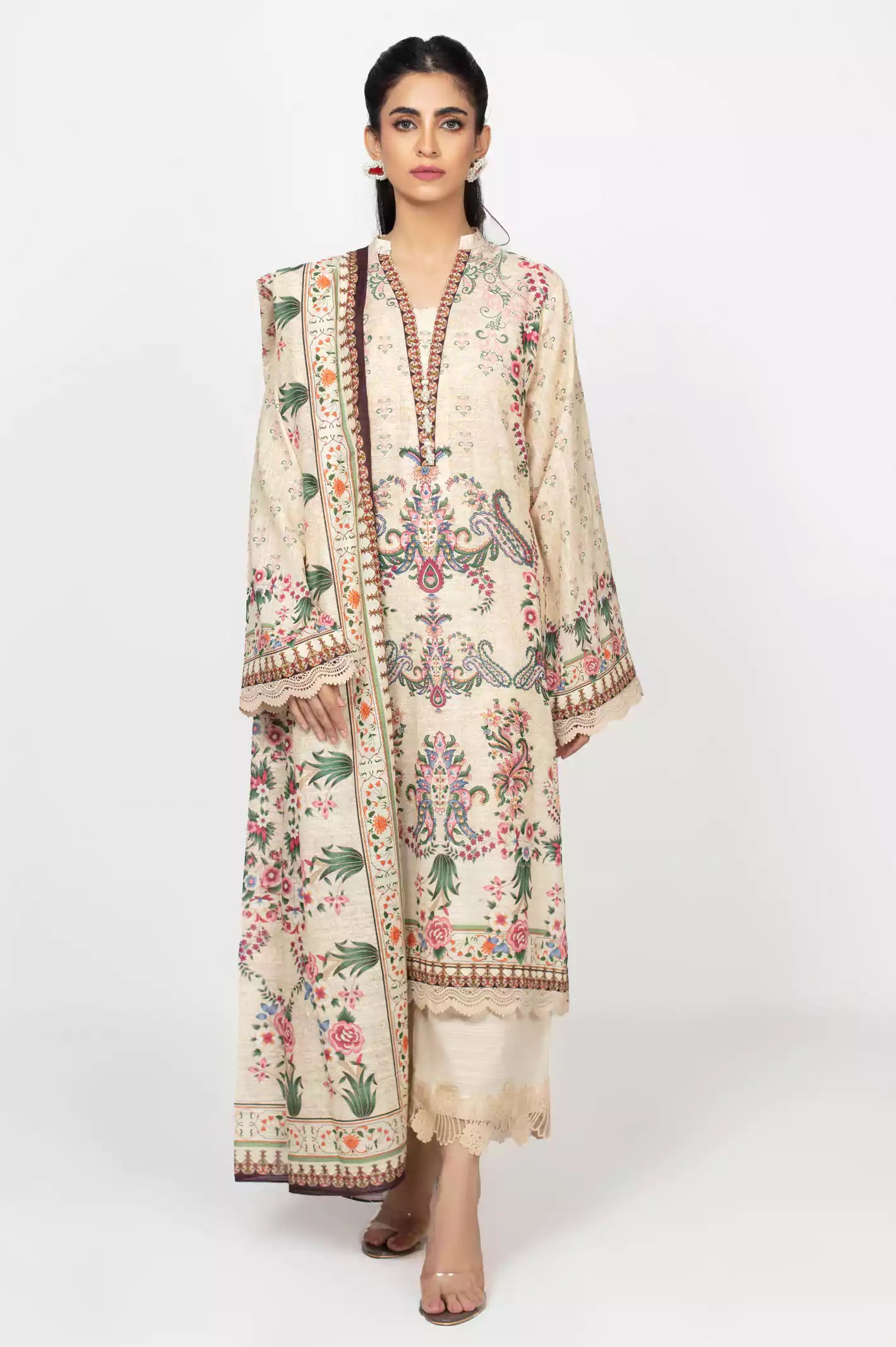 Beige Khaddar Printed 3PC Unstitched Suit From Diners