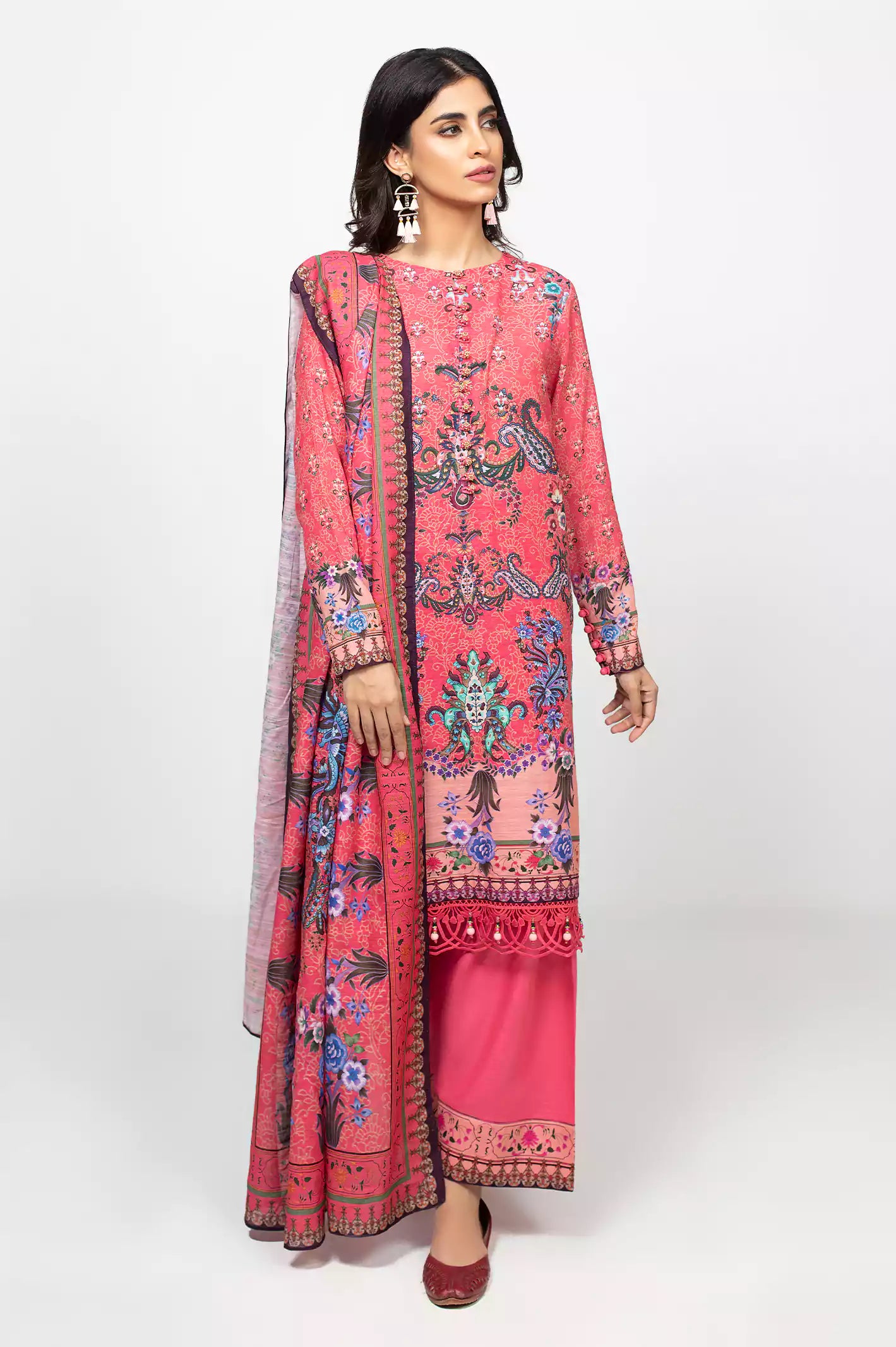 Pink Khaddar Printed 3PC Unstitched Suit From Diners