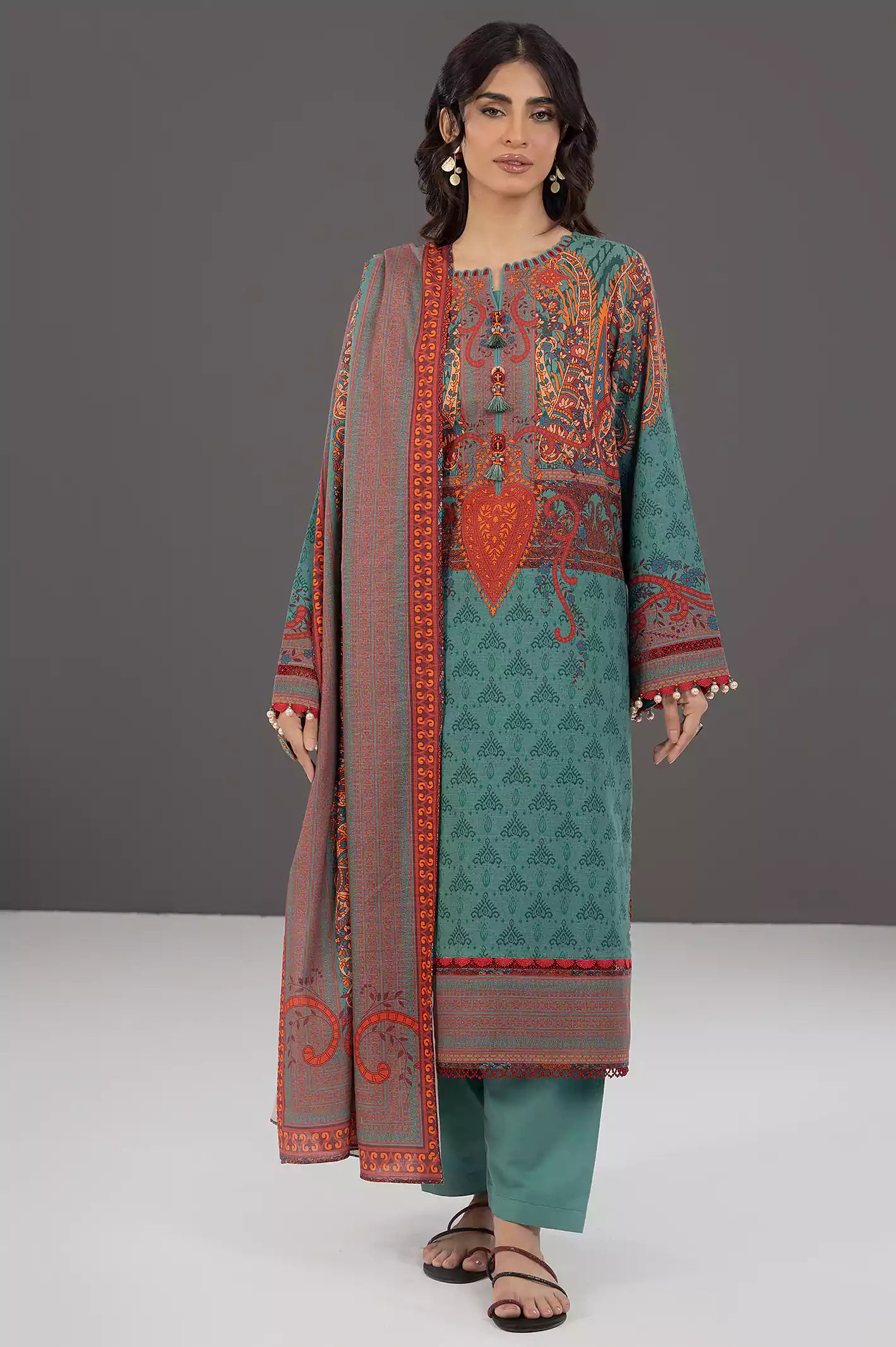 Teal Khaddar Printed 3PC Unstitched Suit From Diners