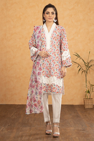 White Shiffli Printed 3PC Unstitched