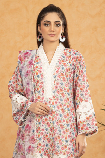 White Shiffli Printed 3PC Unstitched