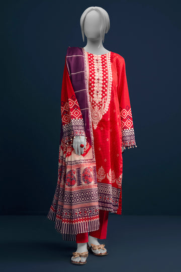 Red Embroidered 3PC Unstitched
