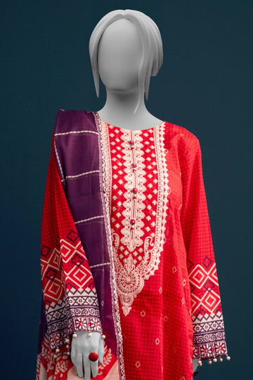 Red Embroidered 3PC Unstitched