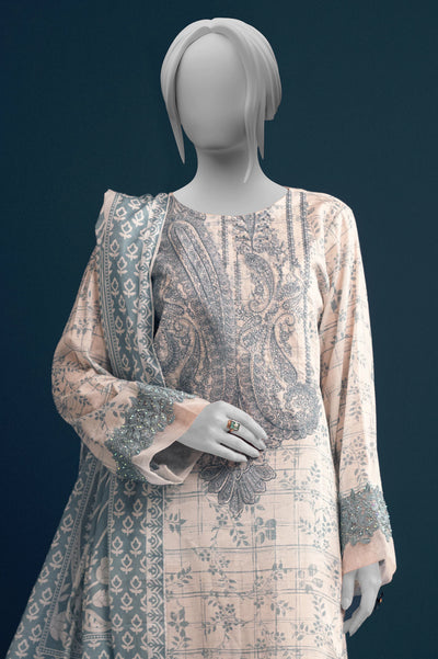 3PC Unstitched Embroidered Off White Dress 