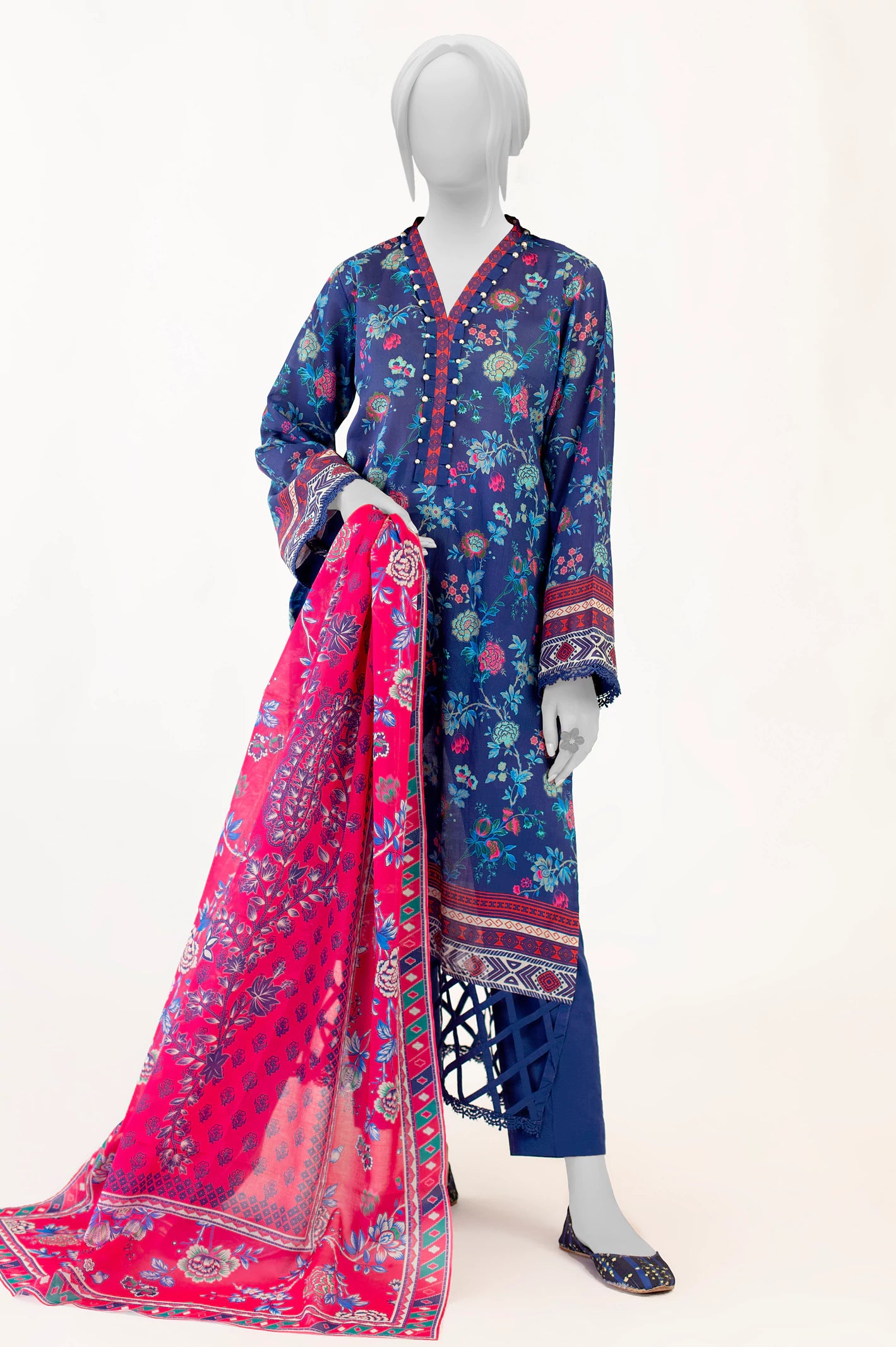 Navy Blue 3PC Unstitched Printed Suit