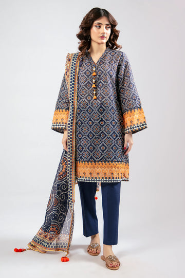 Navy Blue Printed 3PC Unstitched