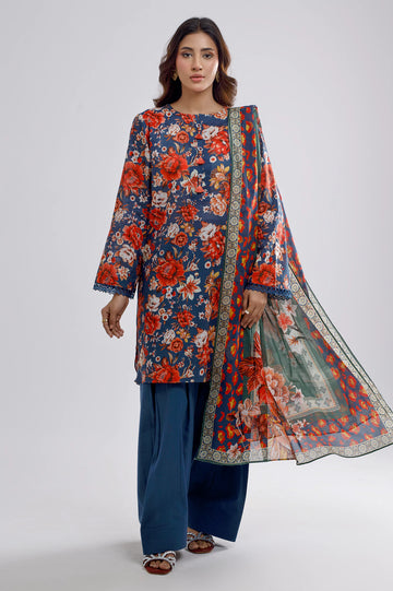 Navy Blue Printed 3PC Unstitched