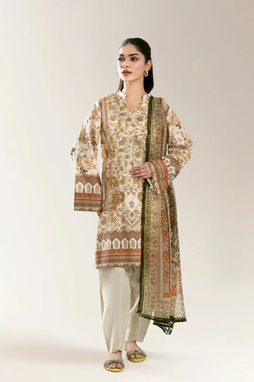 Printed Lawn Beige Unstitched 3Pc